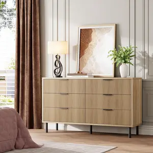 Yellow Modern Fluted 6 Drawer Dresser Wide Wooden Chest with Metal Handles and Legs TV Stand and Storage Organizer for Bedroom Living Room Wood Color