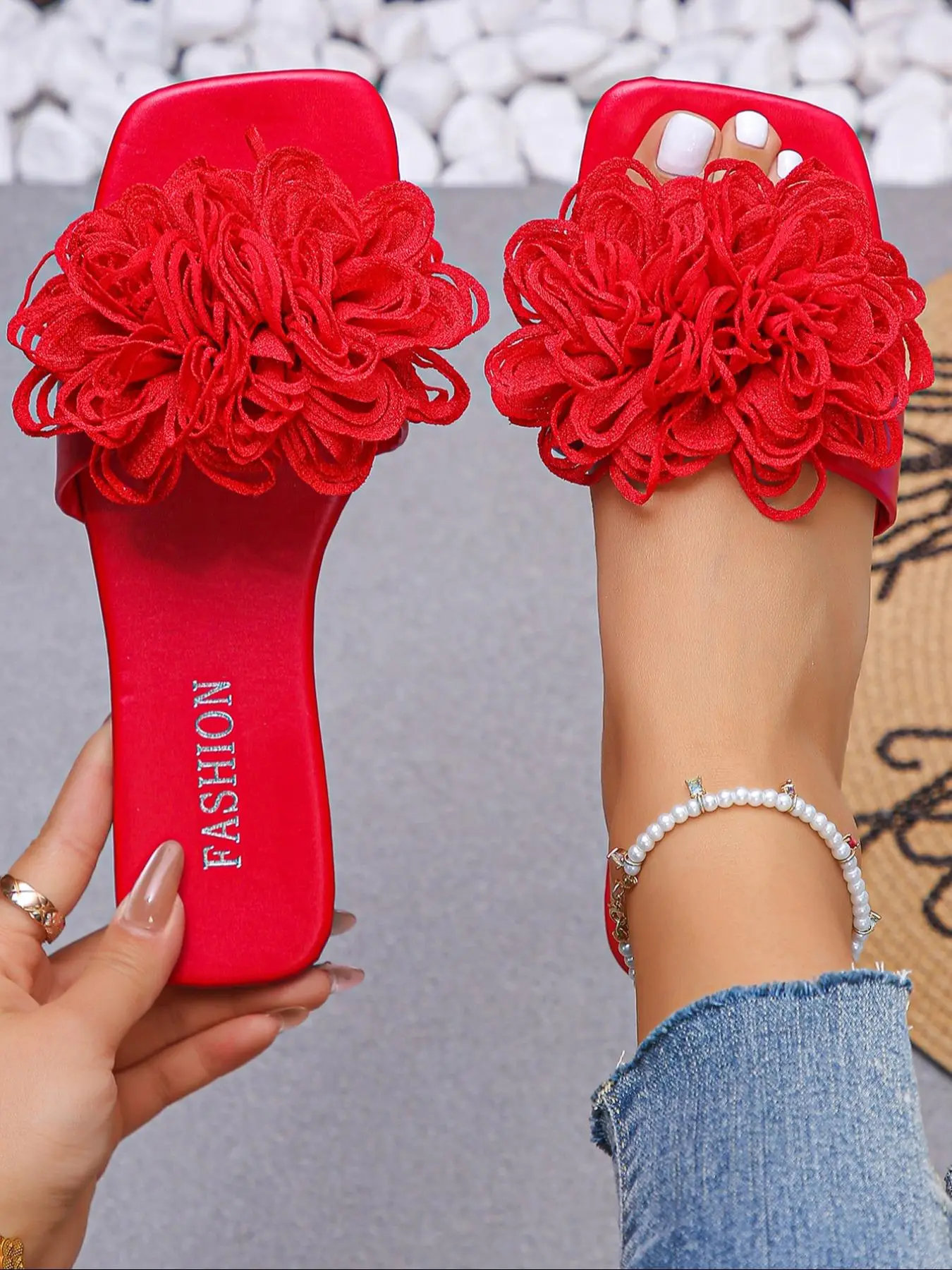 Women's Fashionable Flower Decorated Slide Sandals, Casual Comfortable Flat Sandals for Summer, Lightweight Breathable Shoes for Daily Wear, Elegant S