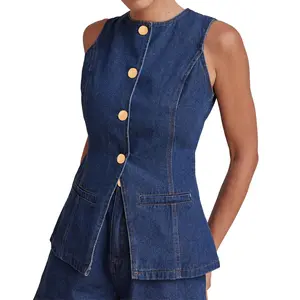 Women's Button Down Denim Vest Sleeveless Tank Tops Crew Neck Slim Fit Jean Jacket Waistcoat with Pockets