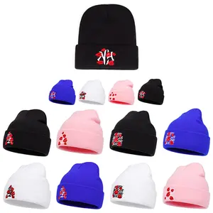 Trendy High-Quality Men's & Women's Winter Letter Lip Print Embroidered Brimless Hat Adjustable Stretchable Satin Beanie for Adults