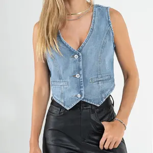 Tankaneo Women's Denim Vest Sleeveless V Neck Button Down Jean Waistcoat Jacket Y2K Summer Crop Tops