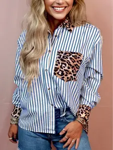 Women's Striped Leopard Print Patchwork Button Up Shirts, Fashionable Casual Long Sleeve Blouses Tops with Ruffle Trim Elegant Shirts for Work Office Business