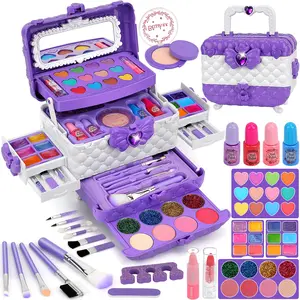 Colourful Children's Make-up Set, Portable Role-Play Toy, Kids Vanity, 54 Pieces per Set including compact powder, powder puff, lipstick, eyeshadow, make-up brushes and other children's make-up toys. Ideal as a gift for daughters or for Christmas.