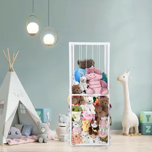 Stuffed Animal Storage PVC Plush Organizer Shelf Plush Stuffed Animal Holder Standing Kids Toy Storage Cage with Elastic Band for Nursery Play Room Bedroom