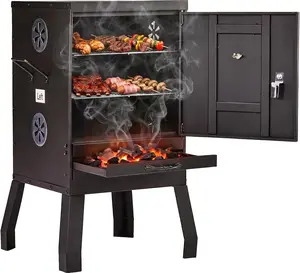 ROVSUN 2-in-1 Outdoor Smoker with Door, Vertical Portable Charcoal Grill with Two Detachable Grill Smoking Racks and Charcoal Pan, Perfect for Camping Barbecue, Small Families, Black