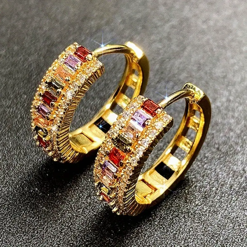 Elegant Women Hoop Earrings Shiny Multicolor Rectangle Cut Zirconia Earrings Women's Engagement Wedding Jewelry Statement Earrings