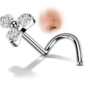 20G Grade 23 (G23) Titanium Screw Nose Studs Ring S-Shaped Diamond Cubic Zirconia Flower Bone Piercing Jewelry