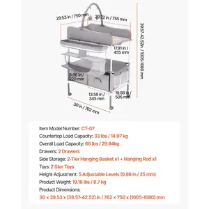 VEVOR Baby Changing Table, Foldable Diaper Change Station with 2 Fabric Drawers, Side Basket Hanging Rod, Adjustable Height Portable Changing Table with Lockable Wheels 2 Star Toys, Light Gray
