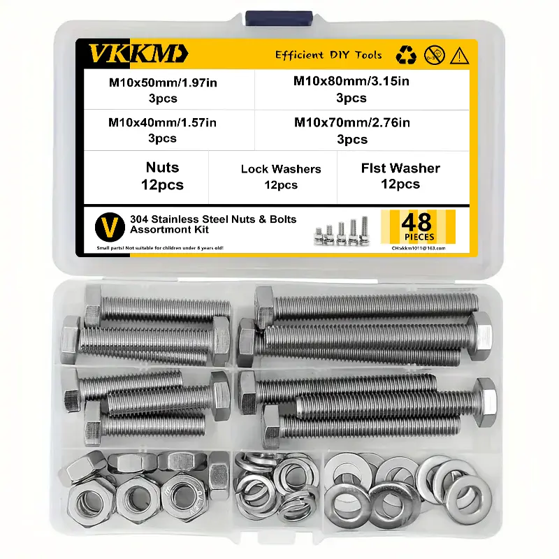 VKKM 48Pcs M10 Hex Head Bolts Nuts Washers Assortment Kit, 304 Stainless Steel M10×40/50/70/80mm Metric Hex Cap Screws with Flat & Lock Washers for Motorcycle, Equipment & Industrial Fastening