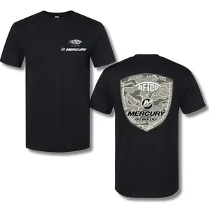 AFTCO x Mercury T-Shirt – Short Sleeve Fishing Tee with Gray Camo Shield Logo, Go Boldly Outdoor Shirt for Anglers & Boating Enthusiasts, 2 Sides.