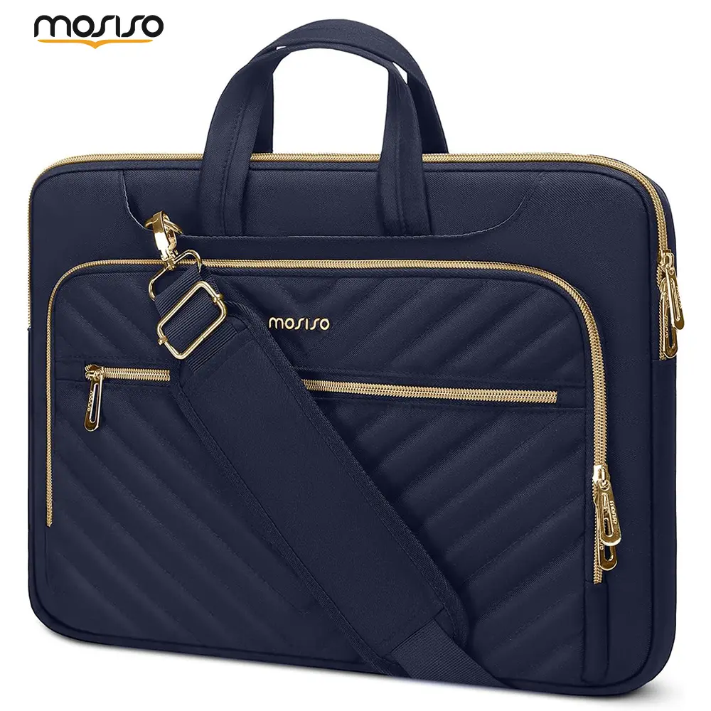 Quilted Synthetic Laptop Briefcase - Shoulder Bag for 13-13.3 in Devices & MacBook Pro 14, Minimalist Messenger Bag with 360-Degree Reinforced Protection & Adjustable Strap for Business Travel, Business Casual, Double Zipper, 360° Drop Guard, Dualzip Phon