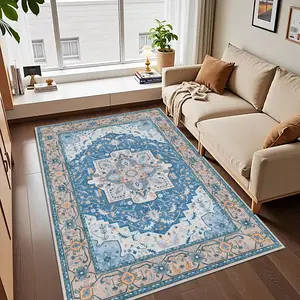 Crystal Velvet Blue Vintage Pattern Decorative Area Rug, Waterproof, Easy Clean, Soft Comfortable Mat for Doorway, Kitchen, Living Room