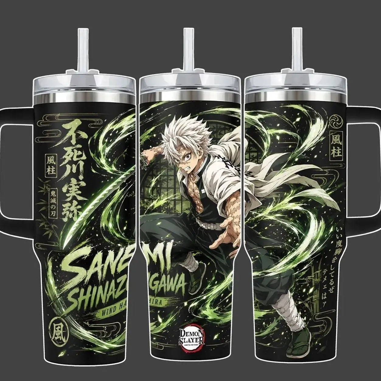 Demon Slayer Sanemi Shinazugawa Wind Hashira Anime Tumbler Cup, Green Black Full Wrap Stainless Steel Insulated 20oz/40oz