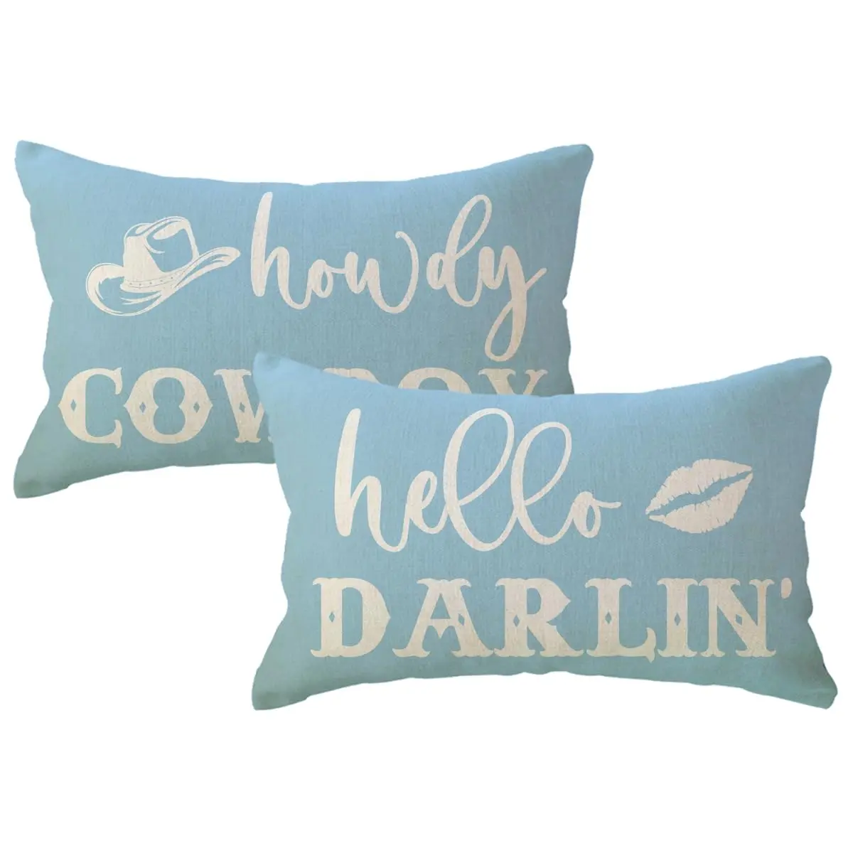 Funny Couple Pillow Covers 12x20 Howdy Cowboy Hello Darlin' Western Throw Pillowcases Rustic Farmhouse Decor Cushion 2pack For Cowgirl Valentine Decorations (light Blue)