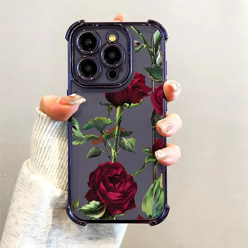 Red Rose Pattern Electroplated Smartphone Case - Airbag Shockproof, Slim, Durable Soft TPU Cover with Corner Bumper, Protector for Multiple iPhone Models (11/12/13/14/15/16/17 Pro/Pro Max/Plus) Various iPhones Mobile Accessories, Cellphone