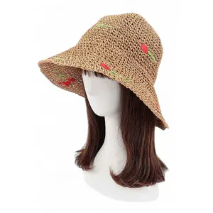 Cherry Embroidered Crochet Straw Bucket Hat