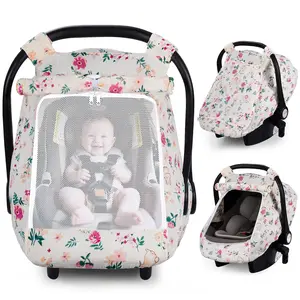 Rquite Car Seat Cover Baby, Carseat Covers Girl Boy, Breathable Muslin Cotton, Large Mesh Window, Infant Car Seat Canopy Baby Carrier Cover Stroller Sun Shade for Summer & Hot Day