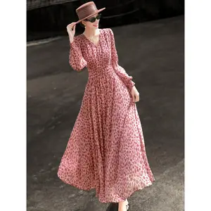 Lanser 2025 early autumn new style elegant retro leopard print long sleeved V-neck waist cinching big swing dress