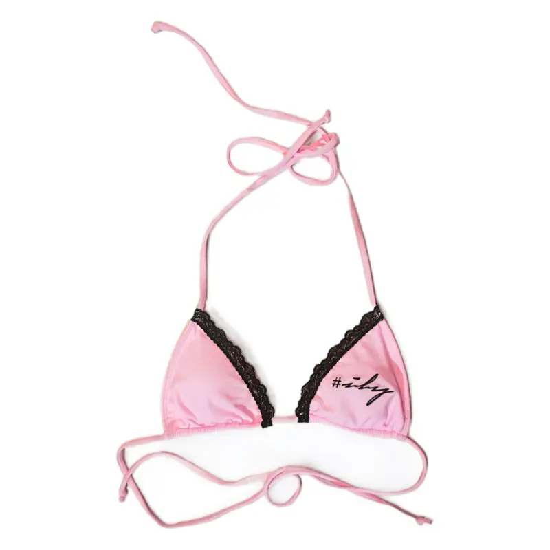 Baby Love Bikini Top - Pink with Black Lace and Adjustable Straps - #ily Script Detailing