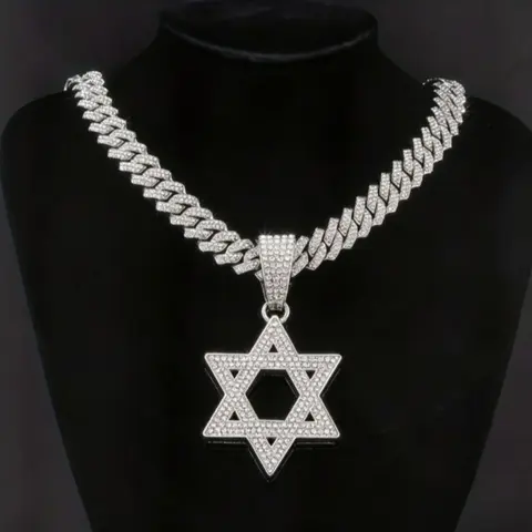 Mens Hip Hop Iced Out Hexagram Star of David Pendant Necklace Full Diamond Bling Zirconia Hollow Rapper Streetwear Jewelry Statement Accessory Gift
