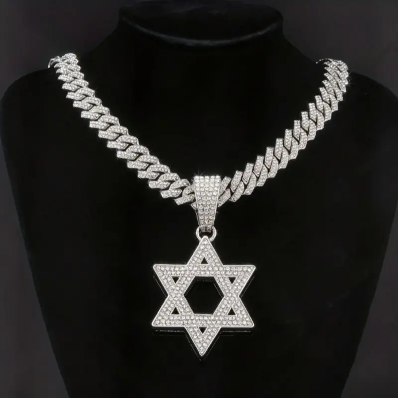 Mens Hip Hop Iced Out Hexagram Star of David Pendant Necklace Full Diamond Bling Zirconia Hollow Rapper Streetwear Jewelry Statement Accessory Gift