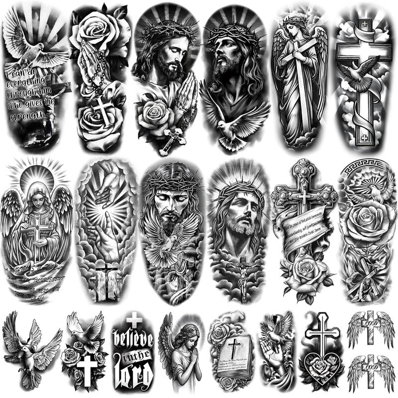 73 Sheets God Jesus Christ Temporary Tattoos For Men Adults, Religious Cross Prayer Half Arm Sleeve Tattoos For Women Rose Flower, Temp Christian Faith Belief Family Fake Tattoo Stickers Halloween