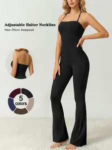 Women's Sleeveless One-Piece Jumpsuit Adjustable Strap Loungewear Yoga Outfit High Stretch Shaping Flared Pants Open Back Design Backless Sports Jumpsuit Perfect for Vacation Travel Fitness Shopping Daily Layering Casual Fashion Solid Color Pajama Set