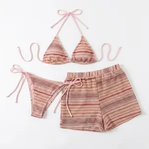 Women's Three-Piece Swimsuit Set Sexy Striped Triangle Bikini Comfortable Fit for Beach Vacation Ideal for Pool Parties