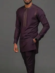 Men's Muslim Style Modesty Kaftan Set, Round Neck Long Sleeve Embroidery Design, Casual African Clothing for Weddings Festivals Business Fasting Gifts, Casual Wear, Cultural Elegance