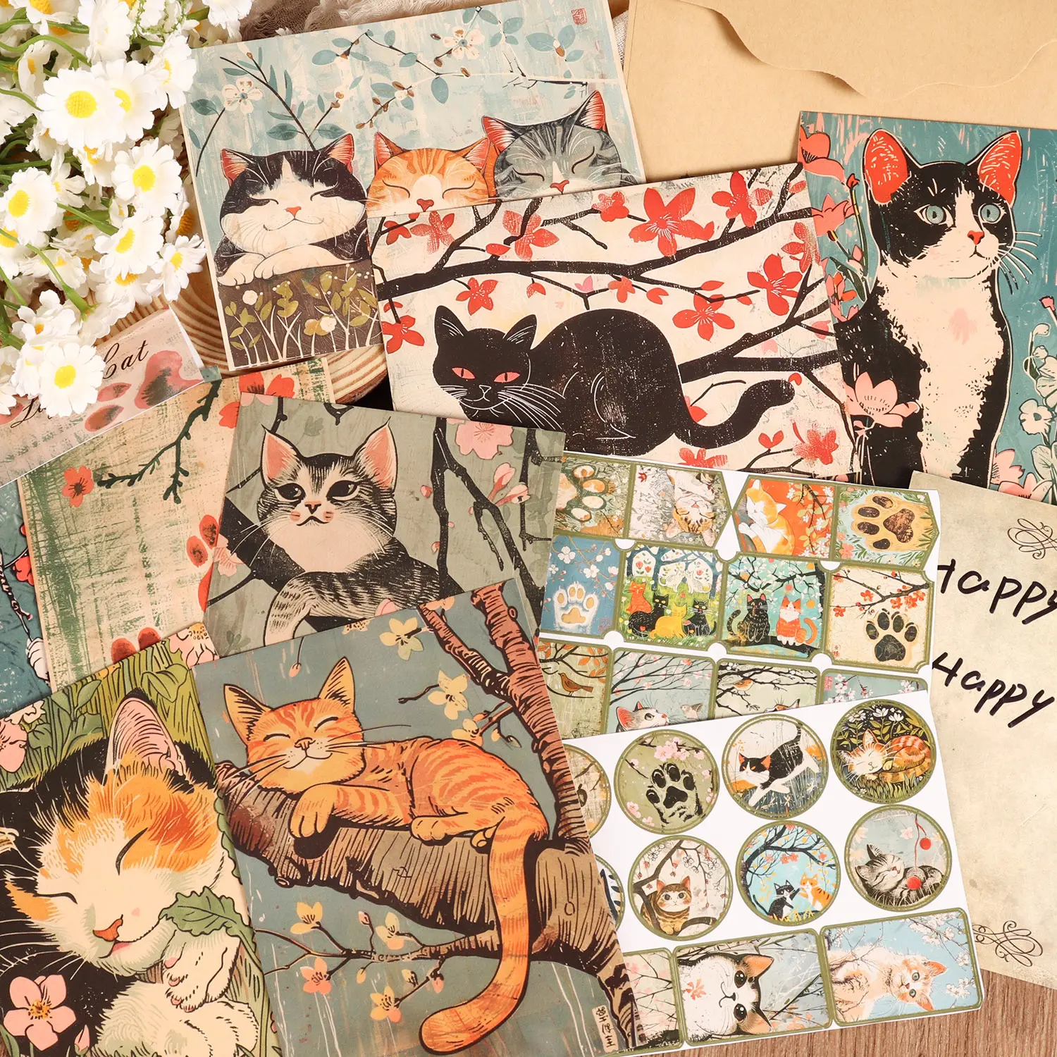 JAIIMAN 16cards, 4envelopes, 46stickers Cherry Blossom Cat Ukiyo-e Style Double-sided Writable Surface Thick Postcard Set, for Scrapbooking Supplies, Wall Decoration,Keepsake Cards, Holiday Decorations, Unique Artwork, DIY Card Set