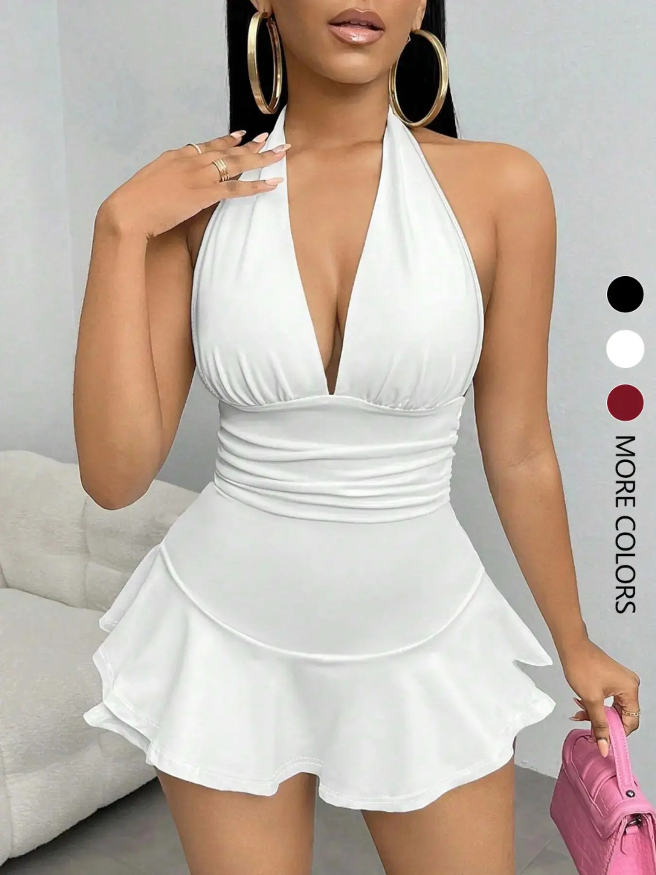 Women Summer Solid Color Backless Halter One Piece Romper Casual Sleeveless Jumpsuit with Ruffled Hem Minimalist Chic Aesthetic Comfortable Fashion Outfit