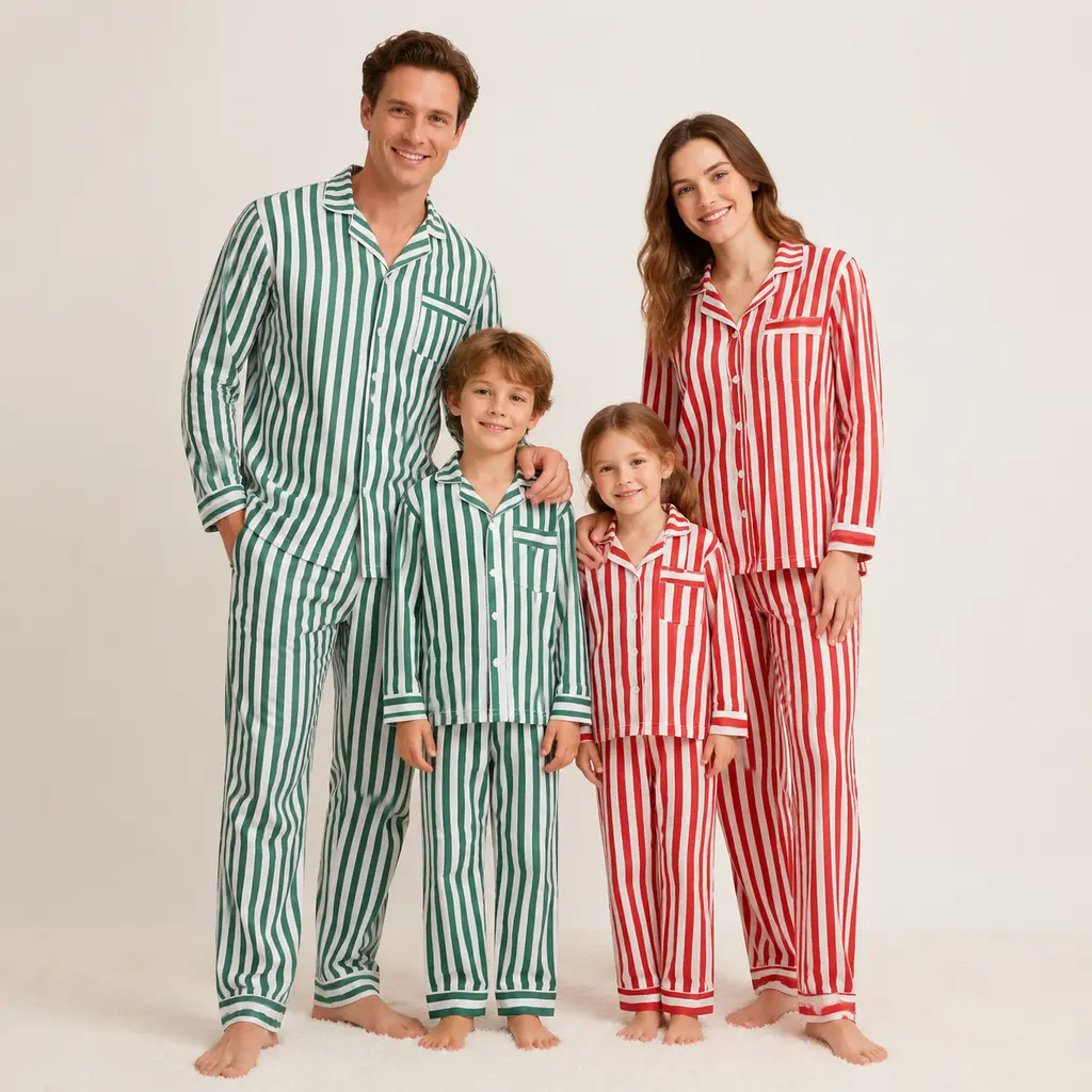 Family Matching Christmas Pyjamas Set, Blue Red White Striped Button Down Long Sleeve PJs with Pocket, Festive Sleepwear for Men Women Boys Girls Whole Family
