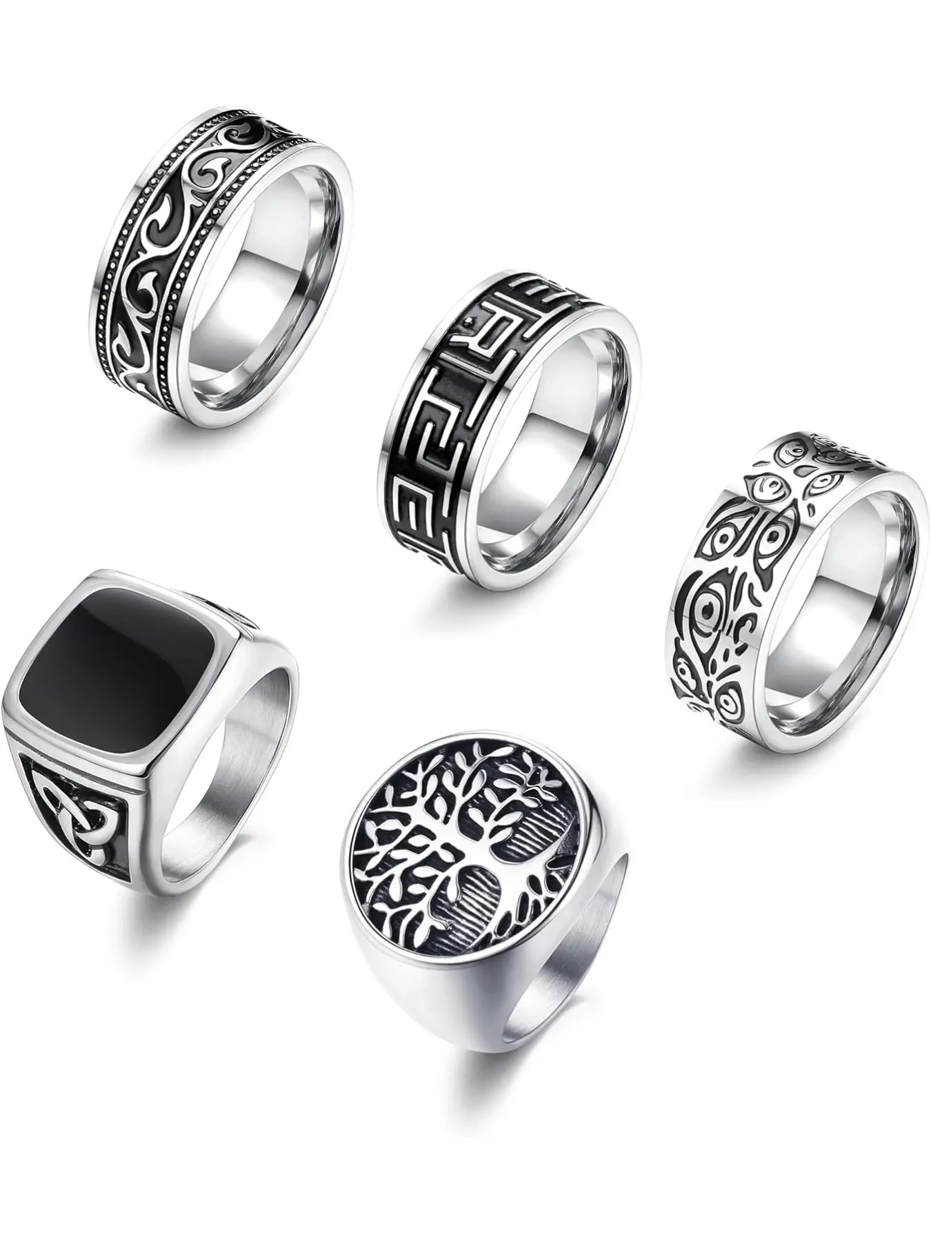 5pcs Stainless Steel Rings for Men Silver Color Greek Signet Thumb Vintage Carving Celtic Biker Band Set, Elegant Ring Casual All Season Jewelry Stacking Rings Stackable Rings Stackable Finger Rings Adjustable Rings