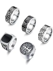 5pcs Stainless Steel Rings for Men Silver Color Greek Signet Thumb Vintage Carving Celtic Biker Band Set, Casual All Season Jewelry Stacking Rings Stackable Rings Adjustable Rings