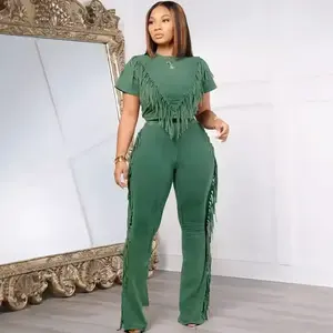 Spring/Summer 2025 New Women’s Two-Piece Set with Tassels – Y2K Casual Style, featuring a T-Shirt Top and Flared Pants, suitable as a sporty fitness tracksuit