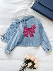 Girls' Cute Denim Jacket, Butterfly and Crown Print, Spring & Fall Fashion, Comfortable and Stylish, Perfect for School and Playtime