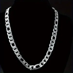 Men Women 925 Silver Plated Figaro Chain Stainless Steel Necklace, Wide 12mm,for Men Fashion Jewelry Best Gifts for Birthday Christmas Thanksgiving