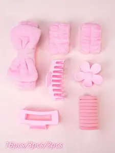 16pcs/3pcs Women's Sports Yoga Makeup Skincare Hair Tie Set, High Elasticity Anti-Slip Nylon Headbands, Plain Design All-Season Accessory