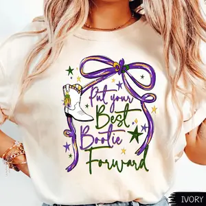 Comfort Colors Coquette Bow Boots But Your Best Bootie Forward Mardi Gras Shirt, Retro Preppy Mardi Gras 2026 Carnival  Fat Tuesday Graphic Tee