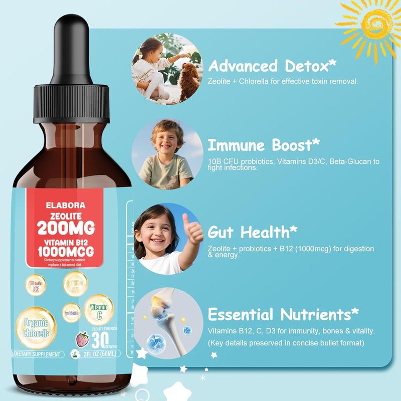 Elabora 60ML Zeolite Drops for Kids and Adults, Organic Chlorella, 200mg Zeolite Liquid Drops with 1000mcg Vitamin B12,10 Billion CFU & Prebiotics for Gut Support & Speech, Immune, Bone, Strawberry