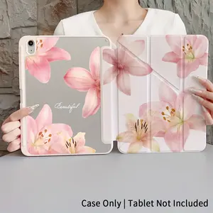 Pink Lily Floral Dual-Sided Design - Foldable, Non-Slip Y-Fold TPU Protective Case with Adjustable Stand and Pen Slot. Compatible with Samsung, iPad mini, iPad Air, iPad Pro, iPad (10th & 11th Gen), and other iPad series.