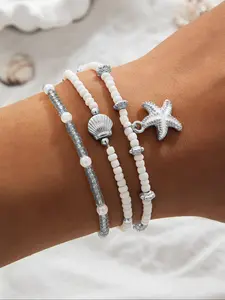 Starfish & Shell & Beaded Decorated Layered Bracelet, Beaded Bracelets, Fashionable Jewelry for Women & Girls, Trendy All-match & Exquisite Jewelry for Birthday Gift