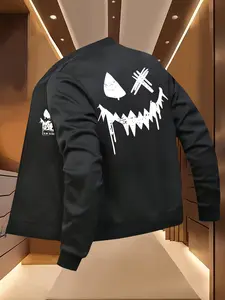 Men's Baseball Jacket with Horror Face Print, Casual Streetwear Trendy, Geometric Pattern, Spring & Fall Fashion