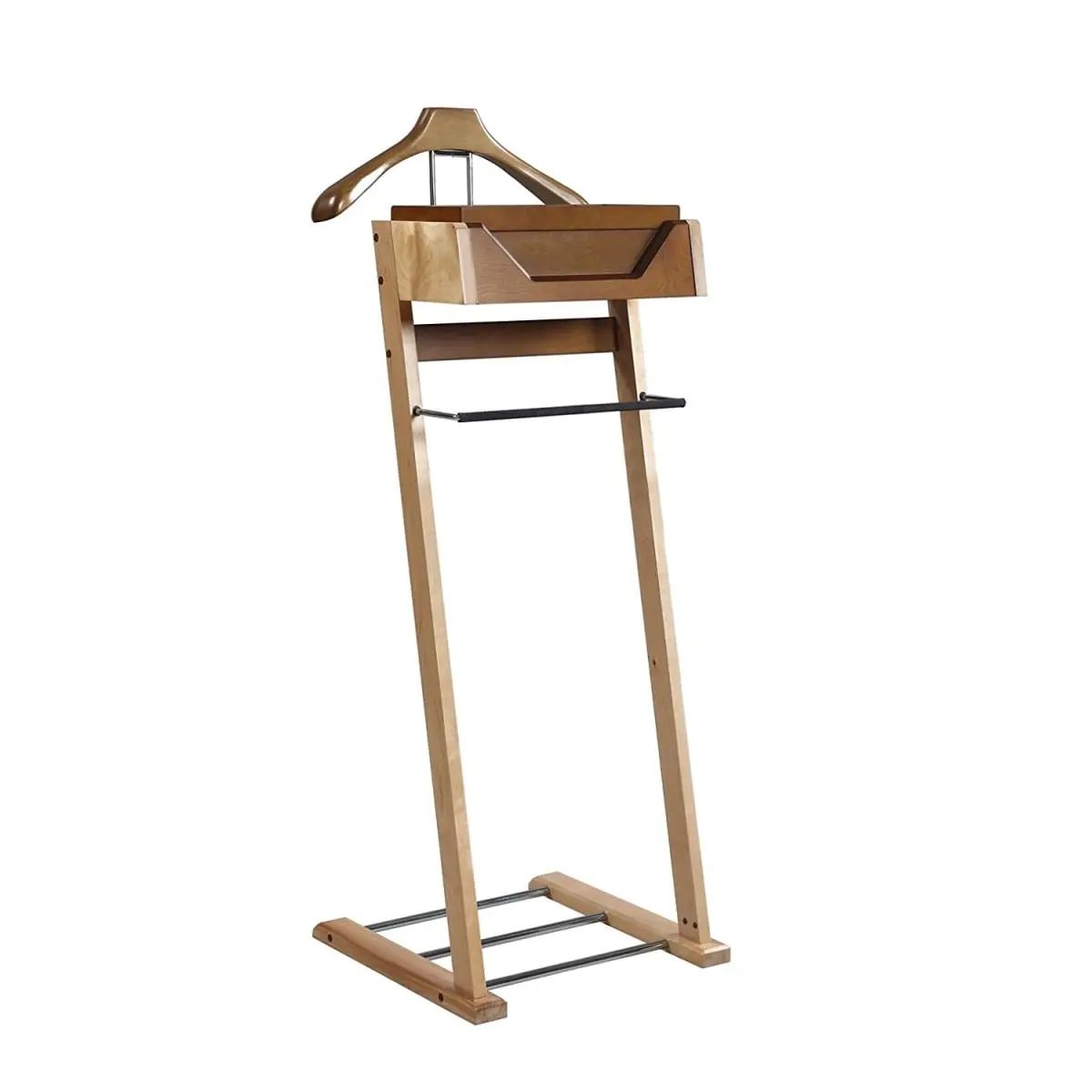Proman Products VL17034 Newport Valet Organiser - Light Walnut Wood Frame Multifunctional Home Organizer with Tray, Hanger, Shoe Rack Base, Natural Look, Space-Saving Modern V-Shape Portable Countertop Rack