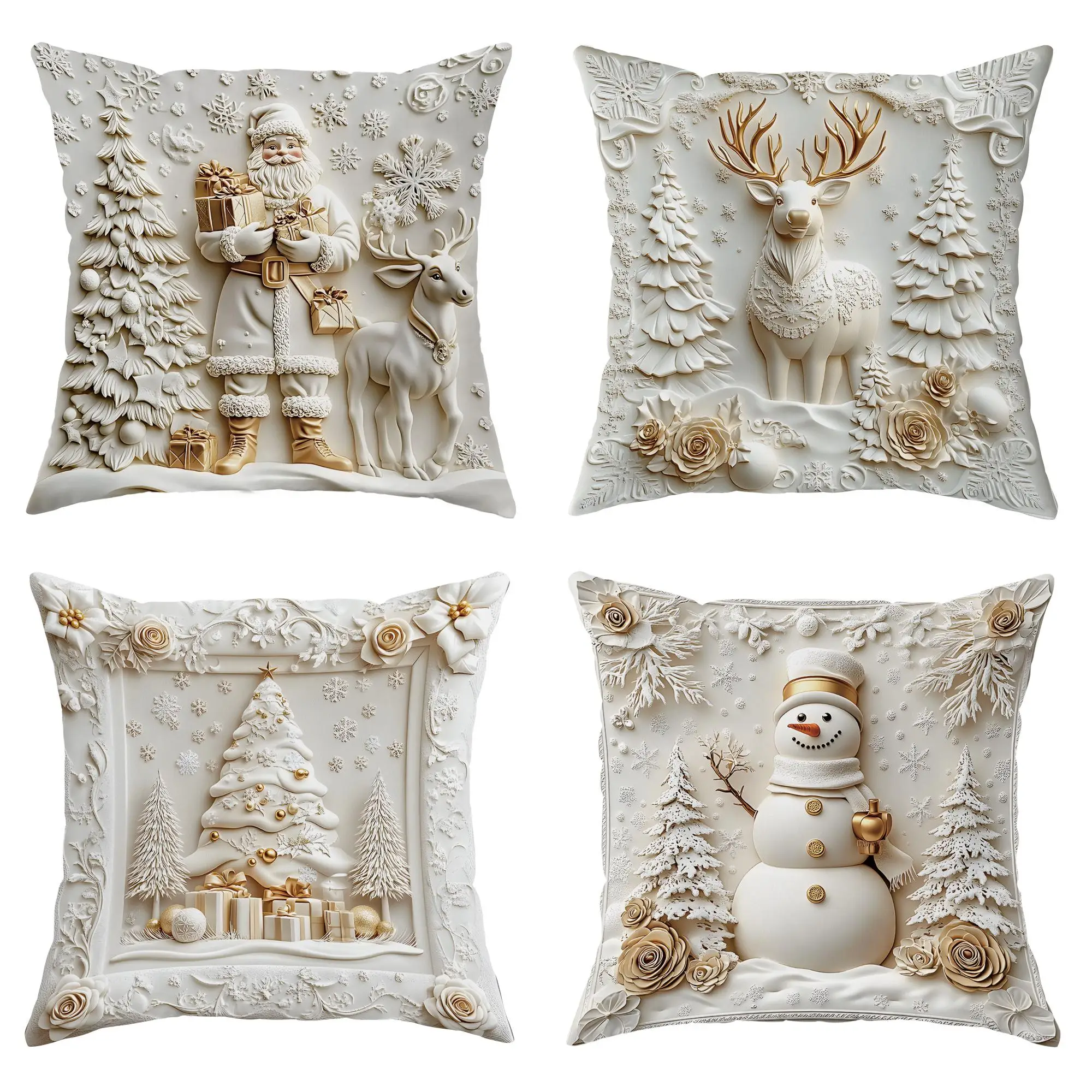 Christmas Themed Cushion Cover, 4 Counts/set Soft Comfortable Single Side Printing Decorative Cushion Cover, Cushion Cover for Home Living Room