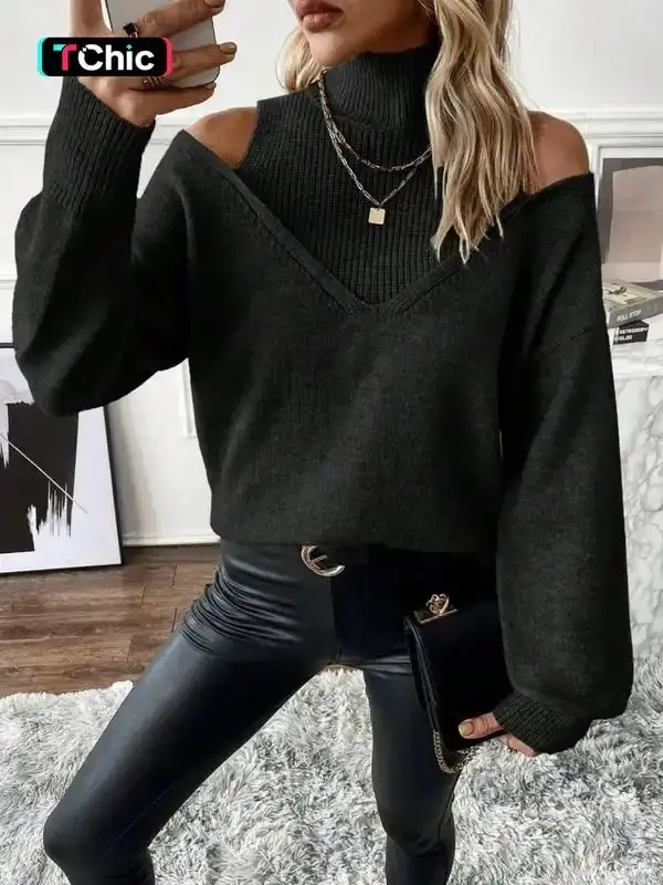 A solid-color loose and knitted off-the-shoulder long-sleeved high-neck sweater for women in autumn and winter