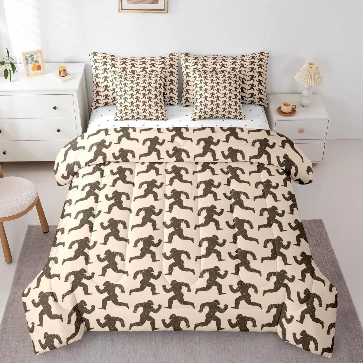 Foot Print Sasquatch 7 Piece Bedding Set for Men Women Teens Kids Orangutan Hunting Vintage Comforter Set with Sheets Boys Hunter Light Brown Brown Bed in a Bag Wild Home Decor
