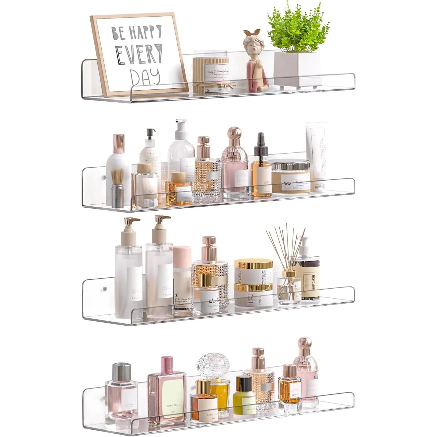 Acrylic Shelves for Bathroom Storage, 15" Floating Shelves Wall Organizer for Perfume, Make up, Skincare, Kids Bookshelf for Bedroom, Nursery, Living Room Decor, Clear, 4 Pack