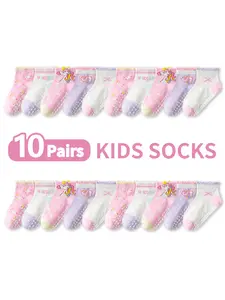 10 Pairs Children Floor Socks Heart Unicorn Pattern, Soft Sole Indoor Non-Slip Rainbow Pony Mid-Calf Socks for Boys Girls Infants