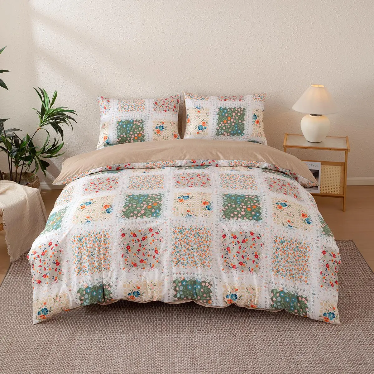 Floral Patchwork Quilted Bedding Set, 1 Count Quilt Cover & 2 Counts Pillowcase without Filler, Soft Lightweight Bedding Set for Bedroom